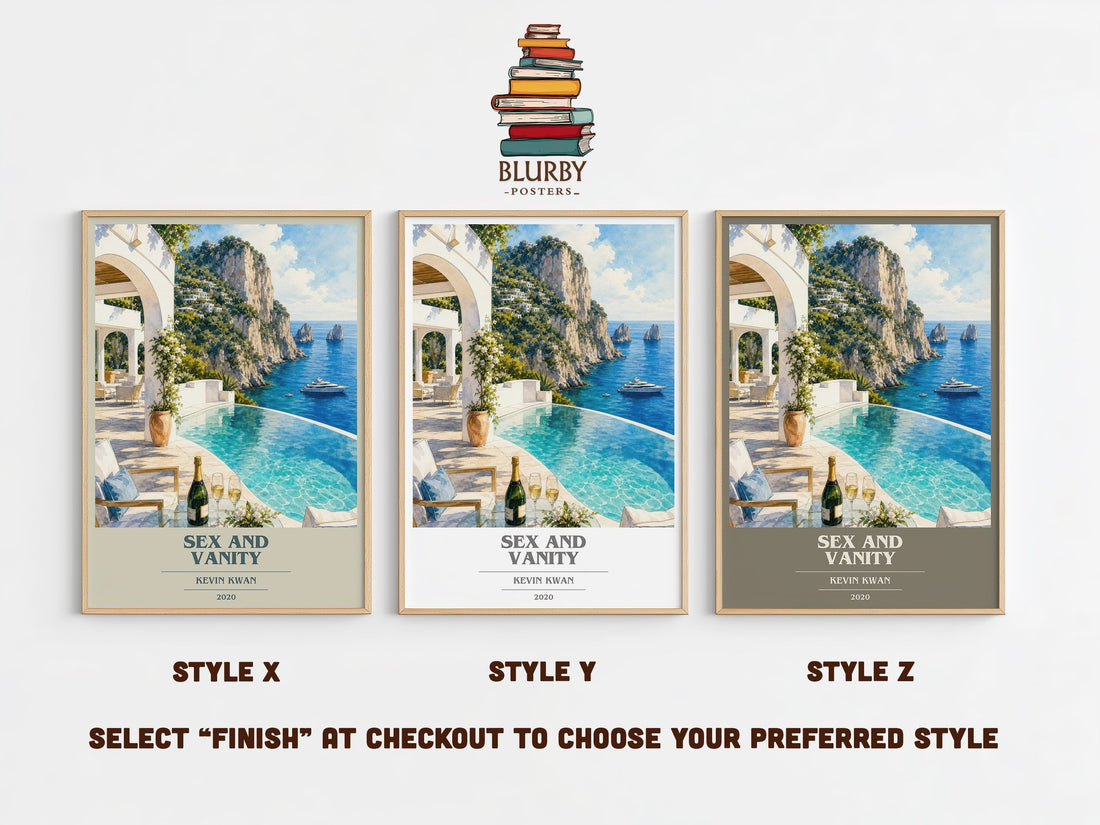 Sex and Vanity book cover print in frame leaning in hallway – contemporary fiction wall art (mockup)