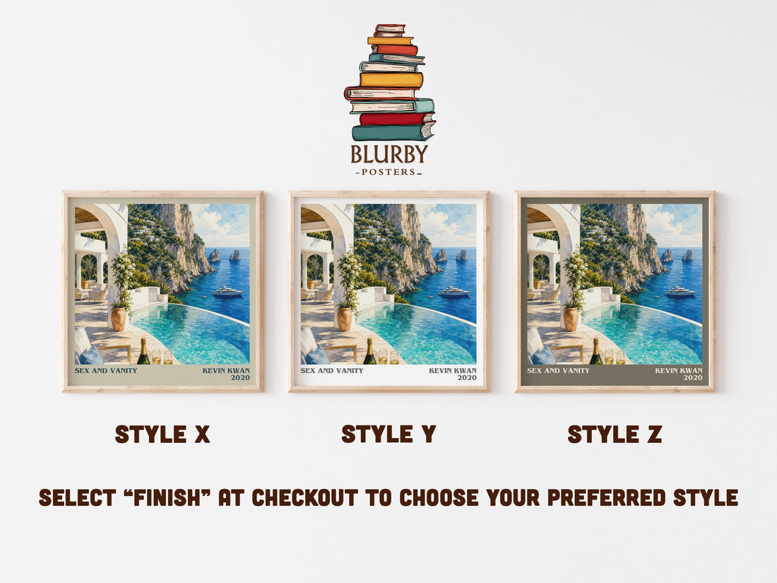 Sex and Vanity literary print in frame leaning in hallway – contemporary fiction wall art (mockup)