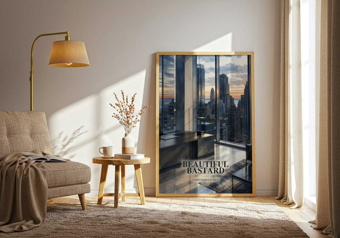 Beautiful Bastard watercolour print in frame leaning in hallway – romance wall art (mockup)