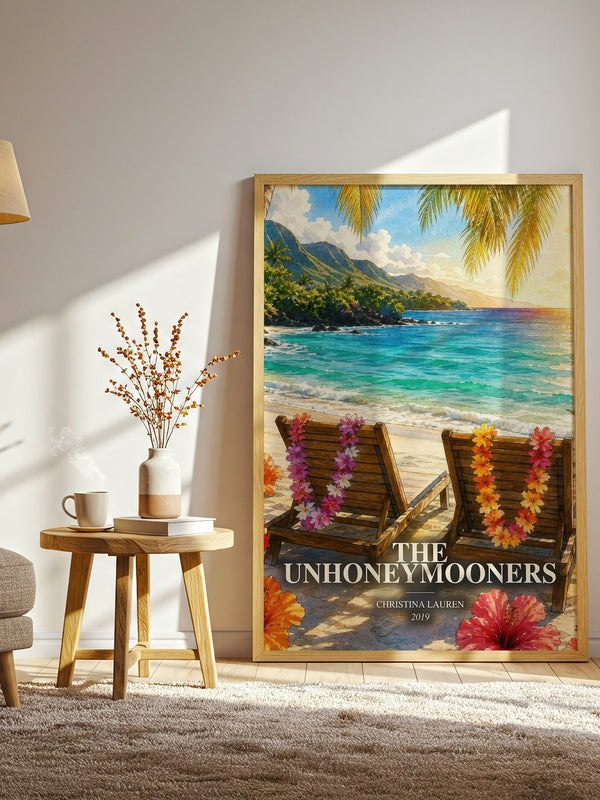 The Unhoneymooners watercolour print in frame leaning in hallway – romance wall art