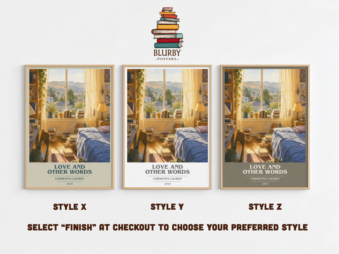 Love and Other Words book cover print in frame leaning in hallway – romance wall art (mockup)