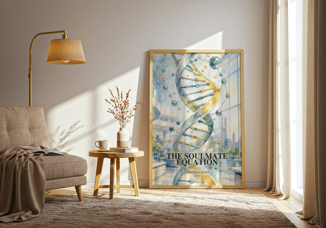 The Soulmate Equation watercolour print in frame leaning in hallway – romance wall art (mockup)