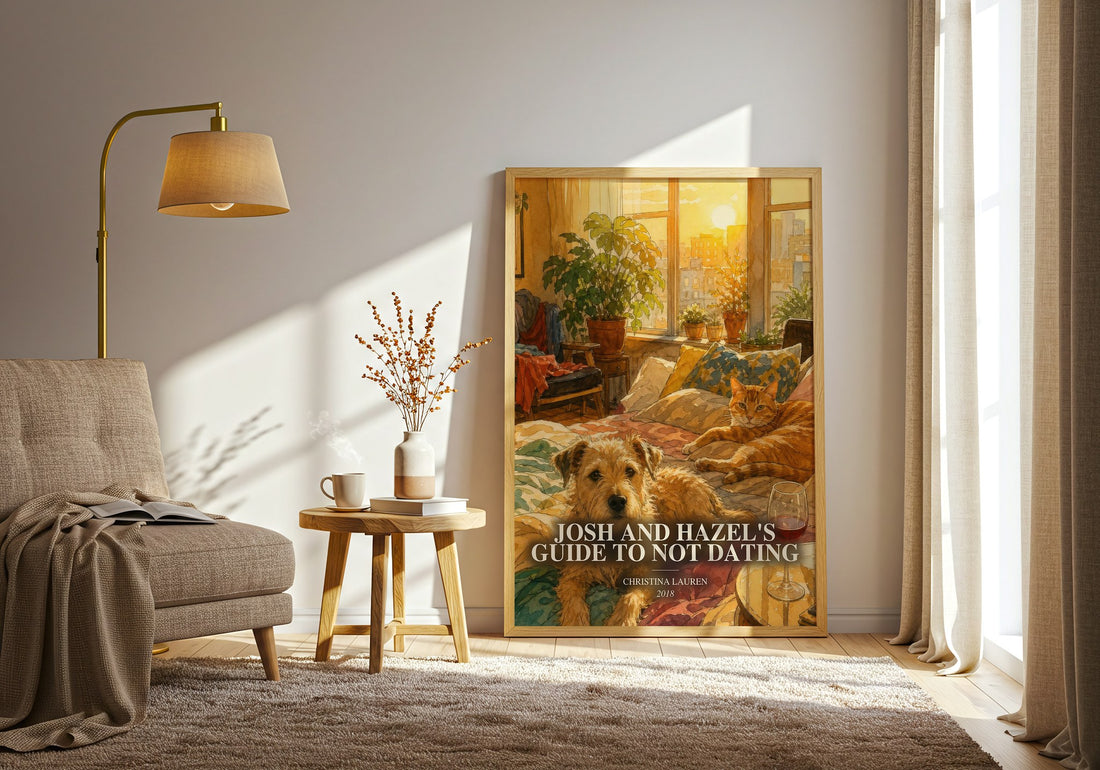 Josh and Hazel's Guide to Not Dating watercolour print in frame leaning in hallway – romance wall art (mockup)