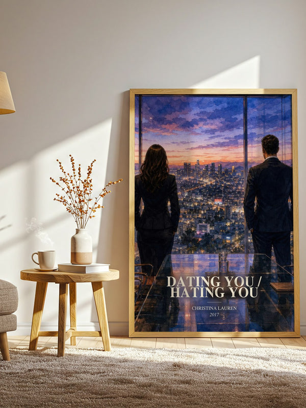 Dating You / Hating You watercolour print in frame leaning in hallway – romance wall art