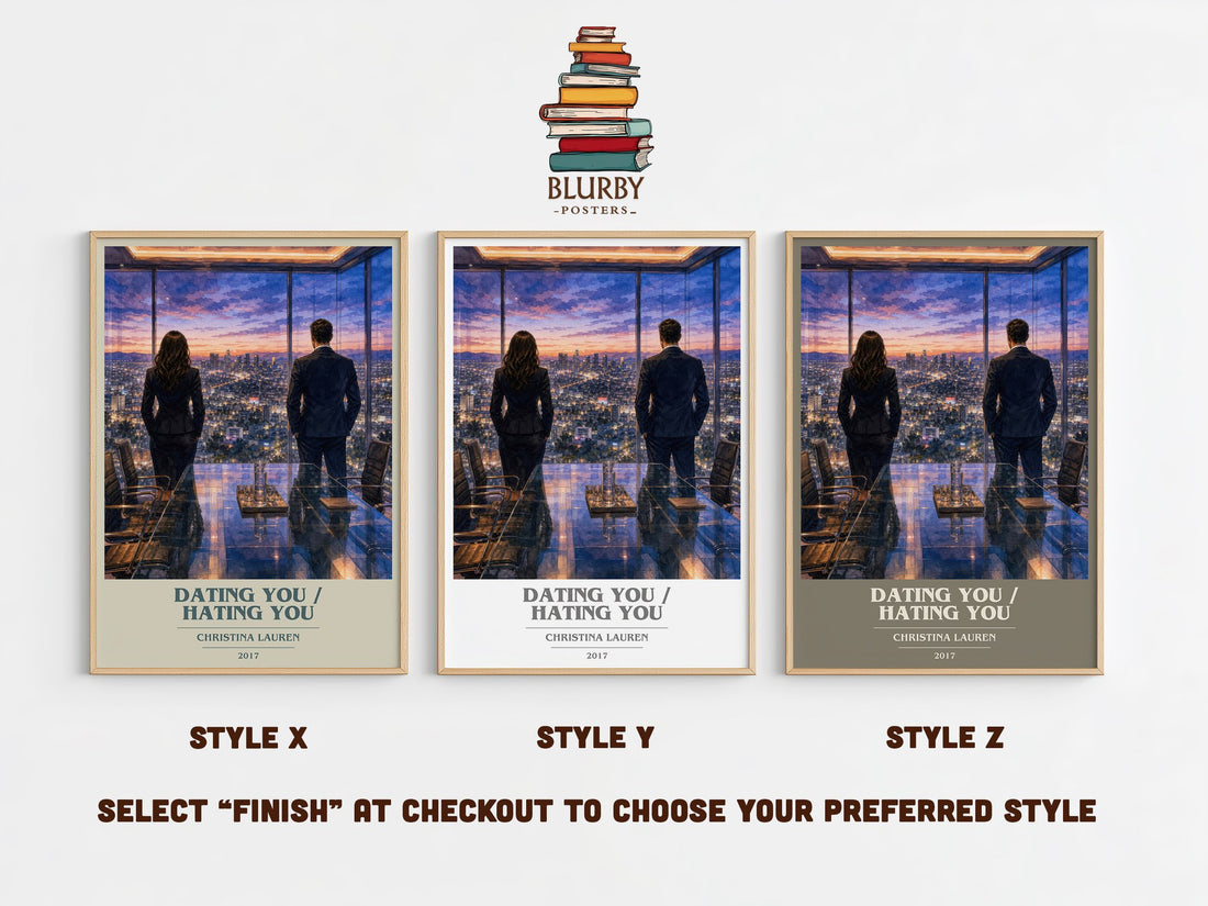 Dating You / Hating You book cover print in frame leaning in hallway – romance wall art (mockup)