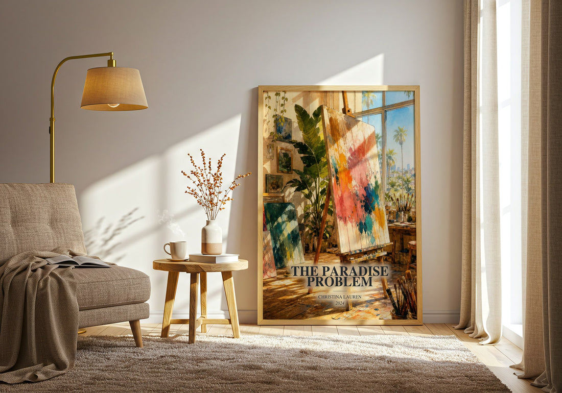 The Paradise Problem watercolour print in frame leaning in hallway – romance wall art (mockup)