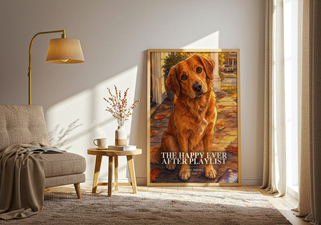 The Happy Ever After Playlist watercolour print in frame leaning in hallway – romance wall art (mockup)