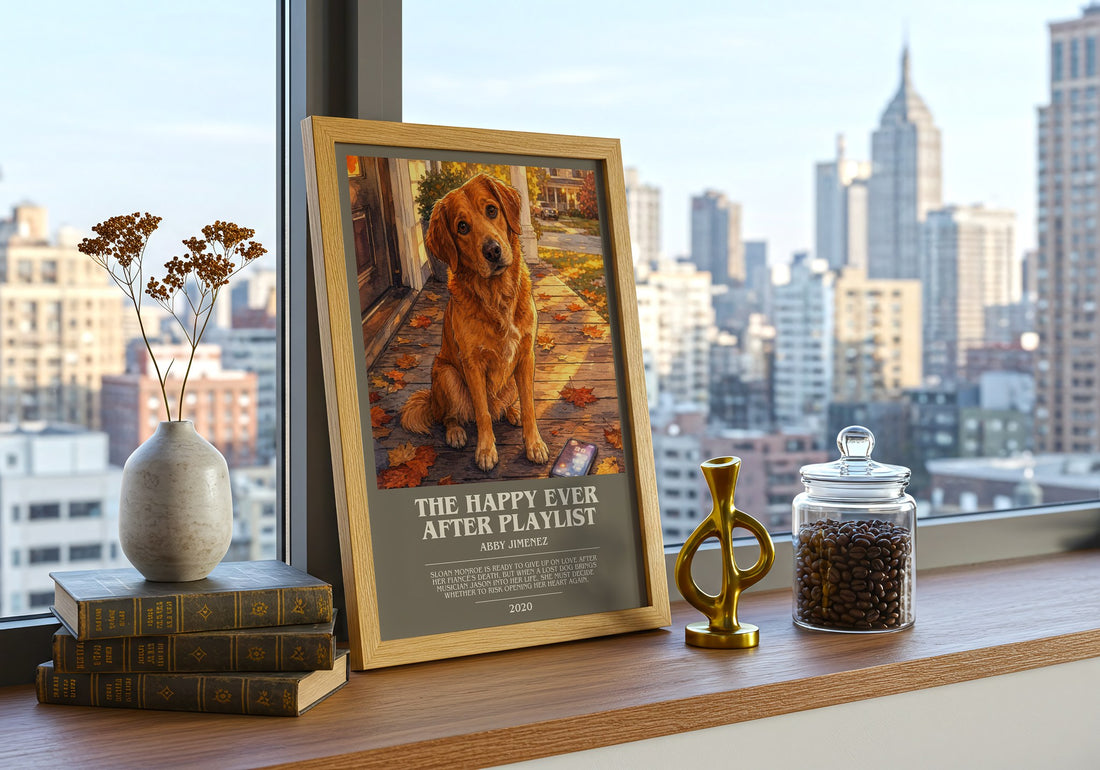 The Happy Ever After Playlist bookish print framed by window – literary home decor