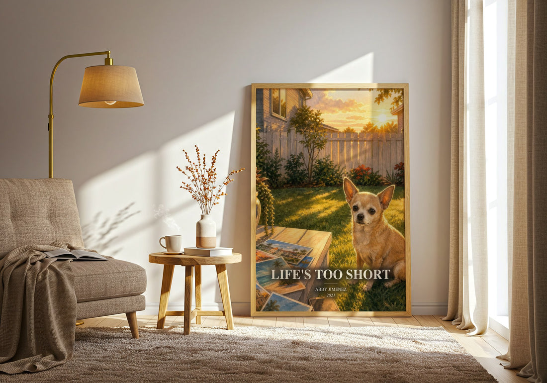 Life's Too Short watercolour print in frame leaning in hallway – romance wall art (mockup)