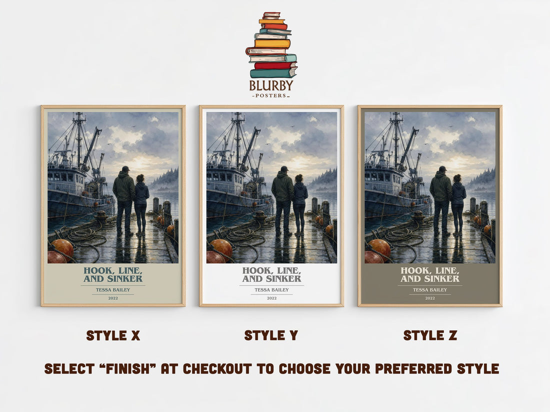 Hook, Line, and Sinker book cover print in frame leaning in hallway – romance wall art (mockup)