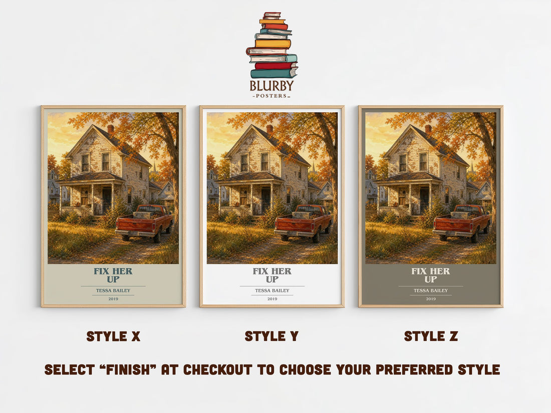 Fix Her Up book cover print in frame leaning in hallway – romance wall art (mockup)