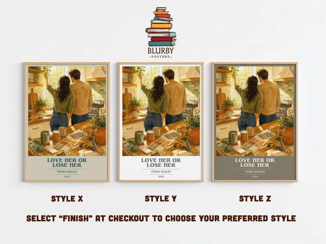 Love Her or Lose Her book cover print in frame leaning in hallway – romance wall art (mockup)