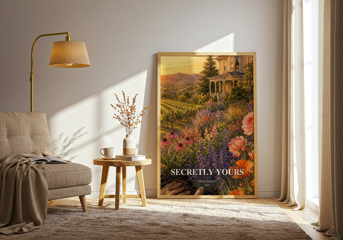 Secretly Yours watercolour print in frame leaning in hallway – romance wall art (mockup)