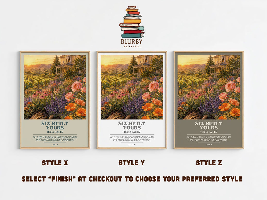 Secretly Yours bookish print in frame leaning in hallway – romance wall art (mockup)