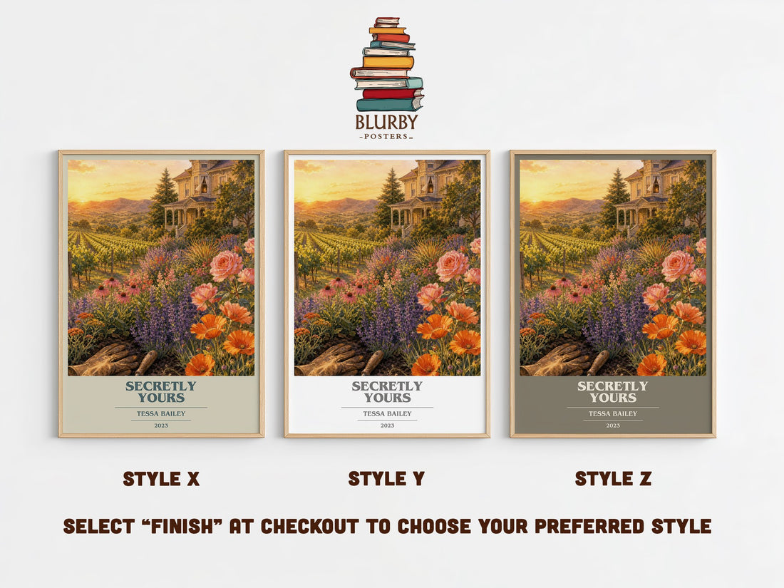 Secretly Yours book cover print in frame leaning in hallway – romance wall art (mockup)