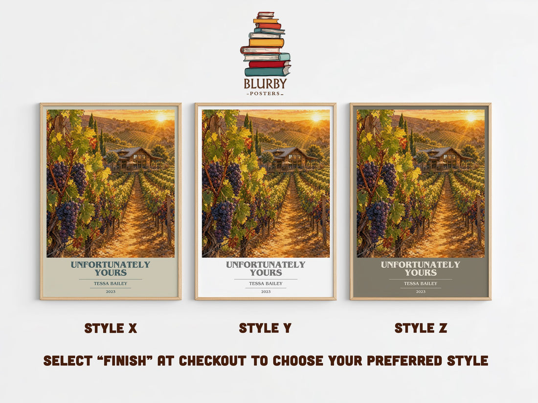 Unfortunately Yours book cover print in frame leaning in hallway – romance wall art (mockup)
