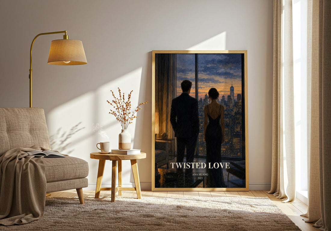 Twisted Love watercolour print in frame leaning in hallway – romance wall art (mockup)