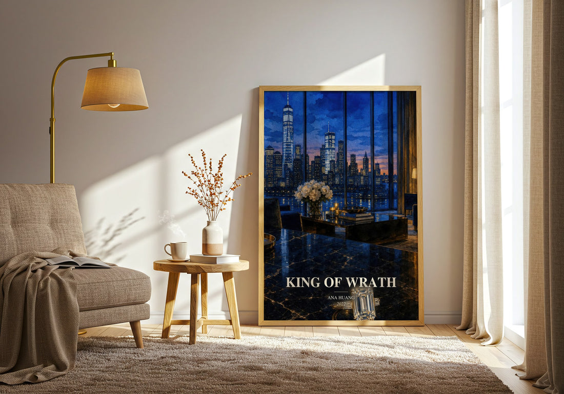 King of Wrath watercolour print in frame leaning in hallway – romance wall art (mockup)
