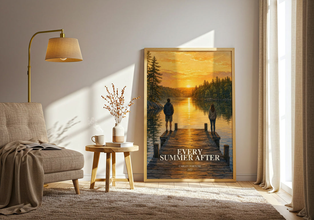 Every Summer After watercolour print in frame leaning in hallway – romance wall art (mockup)