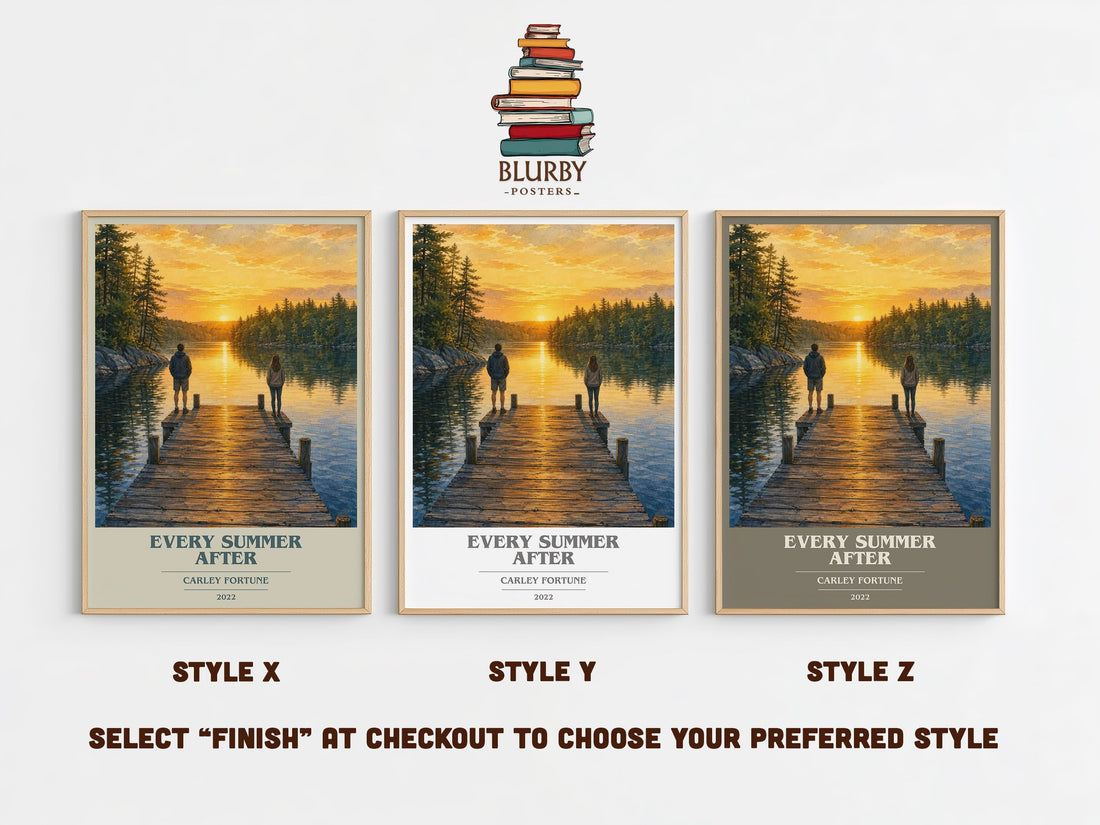 Every Summer After book cover print in frame leaning in hallway – romance wall art (mockup)