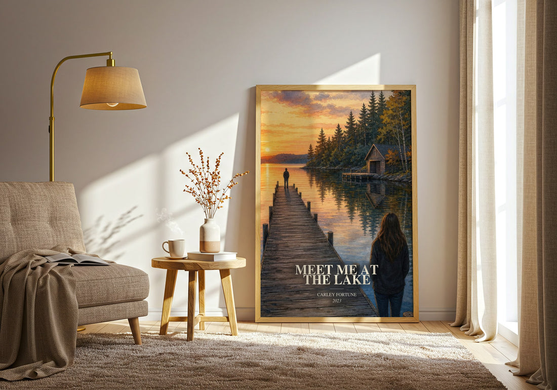 Meet Me at the Lake watercolour print in frame leaning in hallway – romance wall art (mockup)