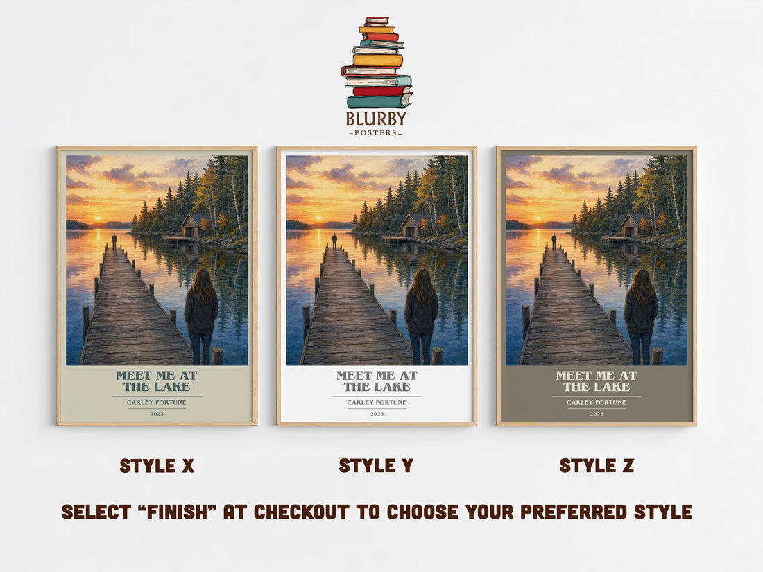 Meet Me at the Lake book cover print in frame leaning in hallway – romance wall art (mockup)