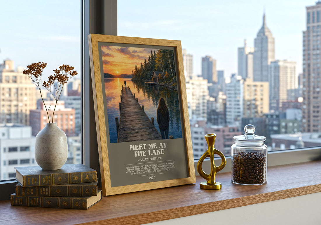 Meet Me at the Lake bookish print framed by window – literary home decor