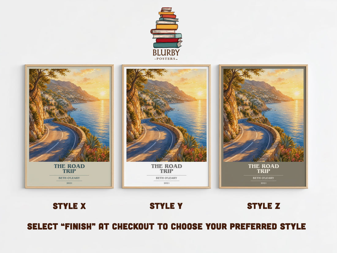 The Road Trip book cover print in frame leaning in hallway – romance wall art (mockup)