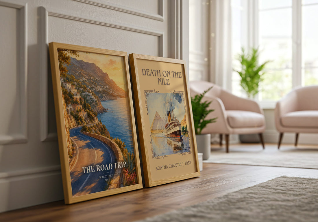 The Road Trip watercolour print framed by window – literary home decor
