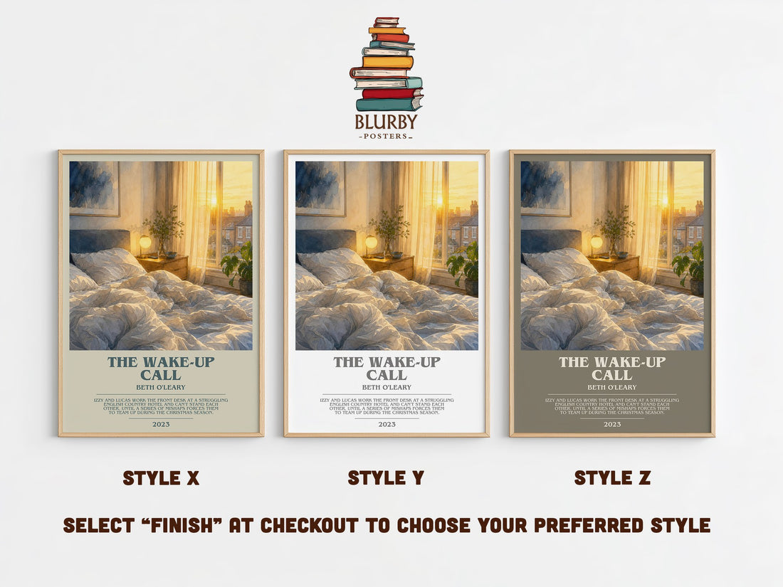 The Wake-Up Call bookish print in frame leaning in hallway – romance wall art (mockup)