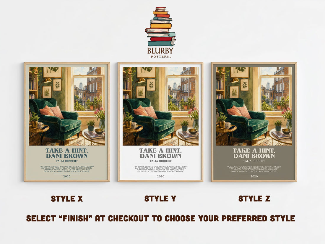 Take a Hint, Dani Brown bookish print in frame leaning in hallway – romance wall art (mockup)