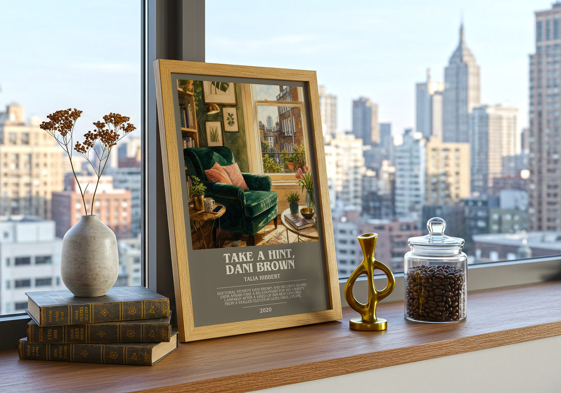 Take a Hint, Dani Brown bookish print framed by window – literary home decor
