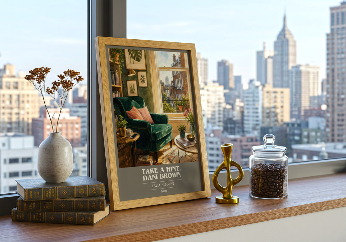 Take a Hint, Dani Brown book cover print framed by window – literary home decor
