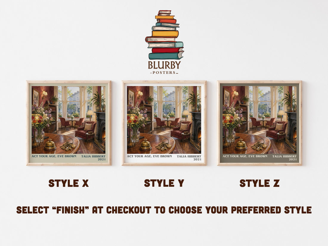 Act Your Age, Eve Brown literary print in frame leaning in hallway – romance wall art (mockup)