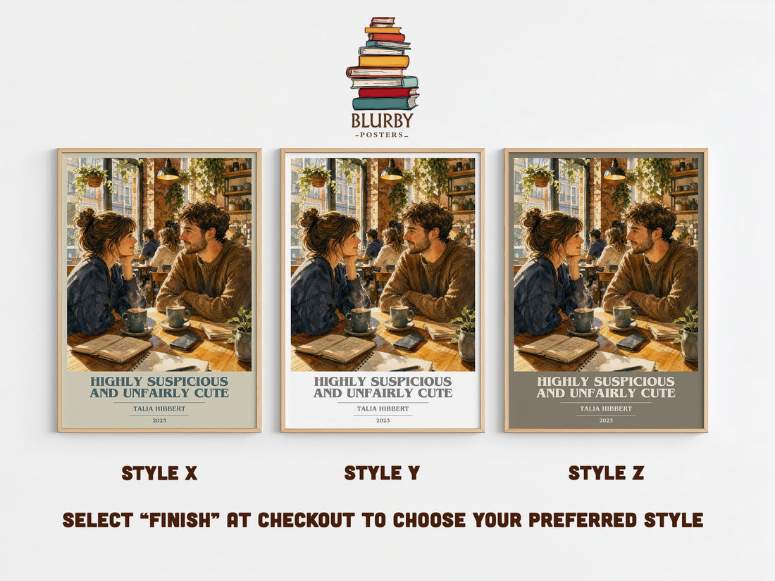 Highly Suspicious and Unfairly Cute book cover print in frame leaning in hallway – young adult wall art (mockup)