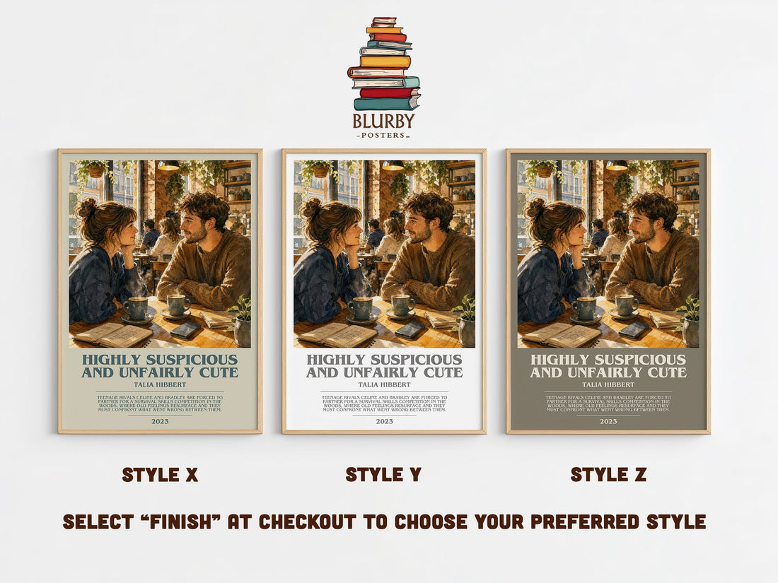 Highly Suspicious and Unfairly Cute bookish print in frame leaning in hallway – young adult wall art (mockup)