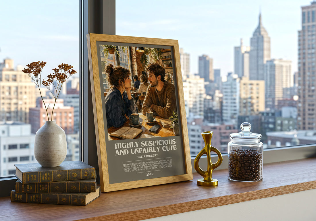 Highly Suspicious and Unfairly Cute bookish print framed by window – literary home decor