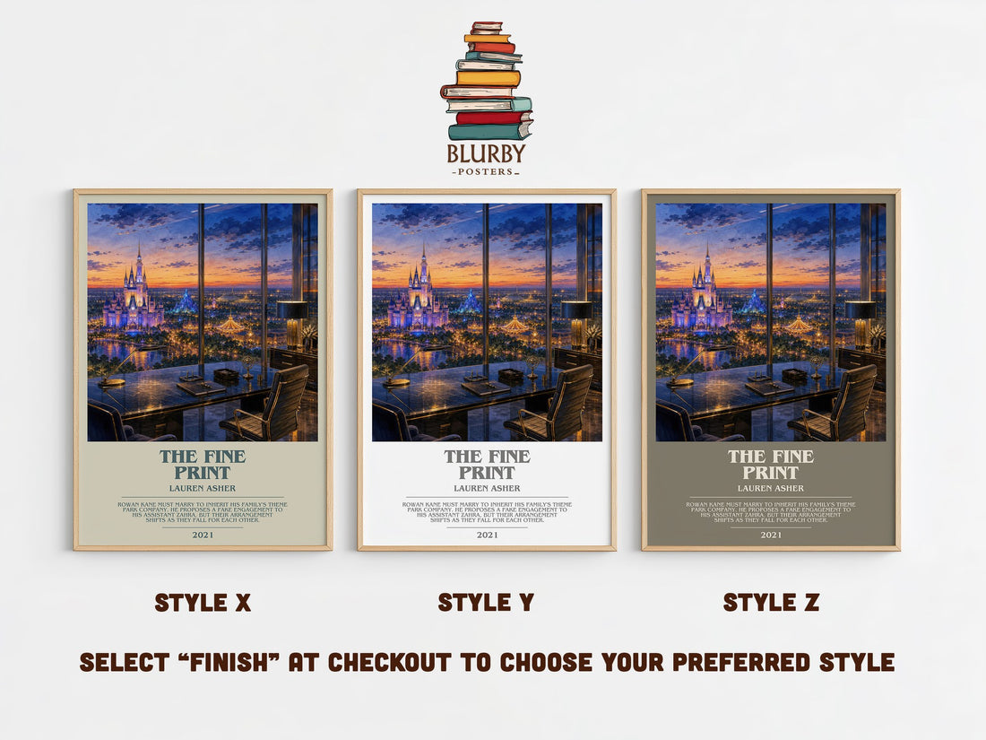 The Fine Print bookish print in frame leaning in hallway – romance wall art (mockup)