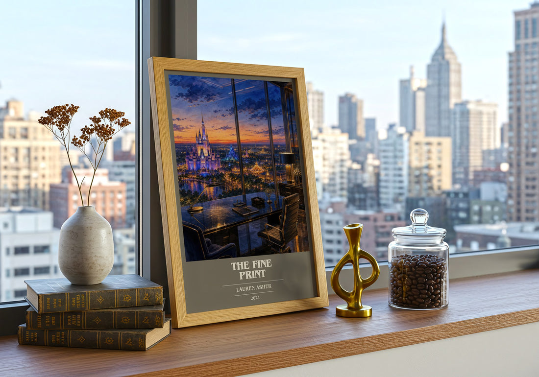 The Fine Print book cover print framed by window – literary home decor