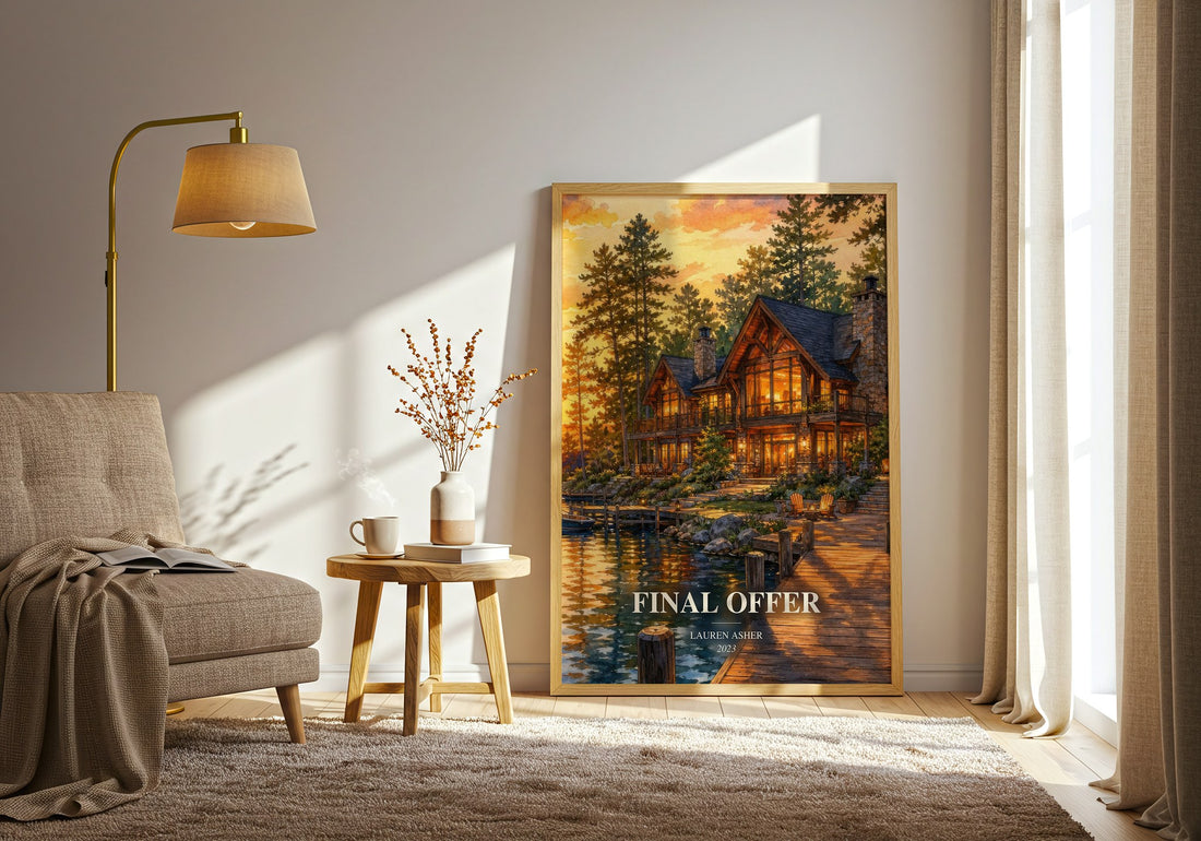 Final Offer watercolour print in frame leaning in hallway – romance wall art (mockup)