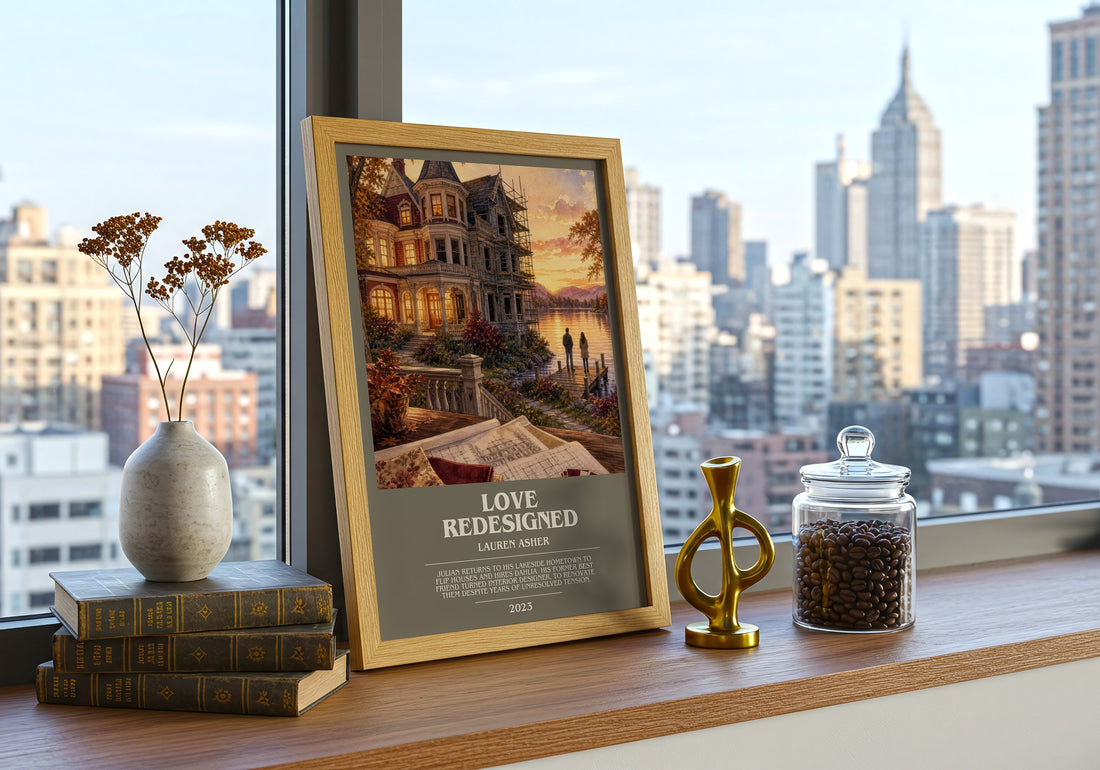 Love Redesigned bookish print framed by window – literary home decor