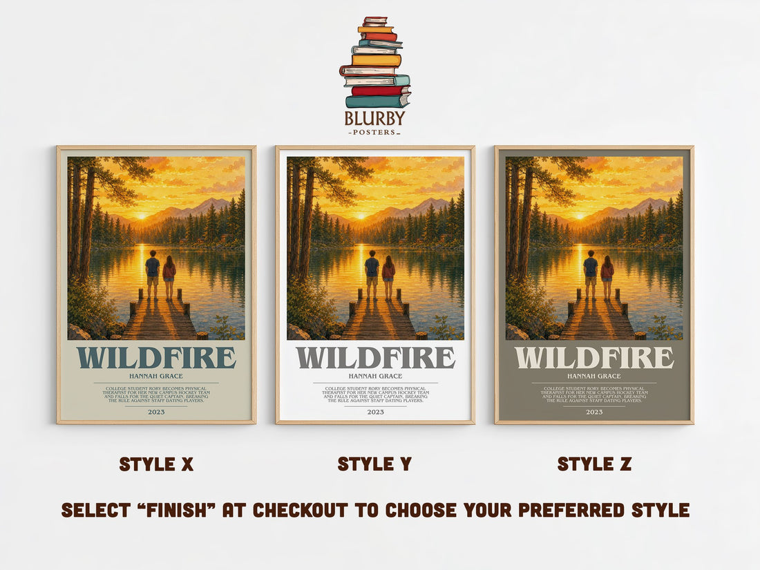 Wildfire bookish print in frame leaning in hallway – romance wall art (mockup)