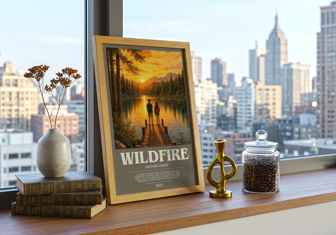 Wildfire bookish print framed by window – literary home decor