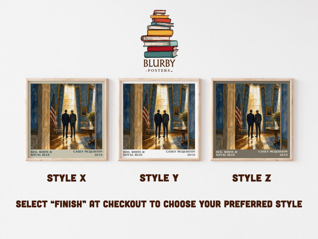 Red, White & Royal Blue literary print in frame leaning in hallway – romance wall art (mockup)