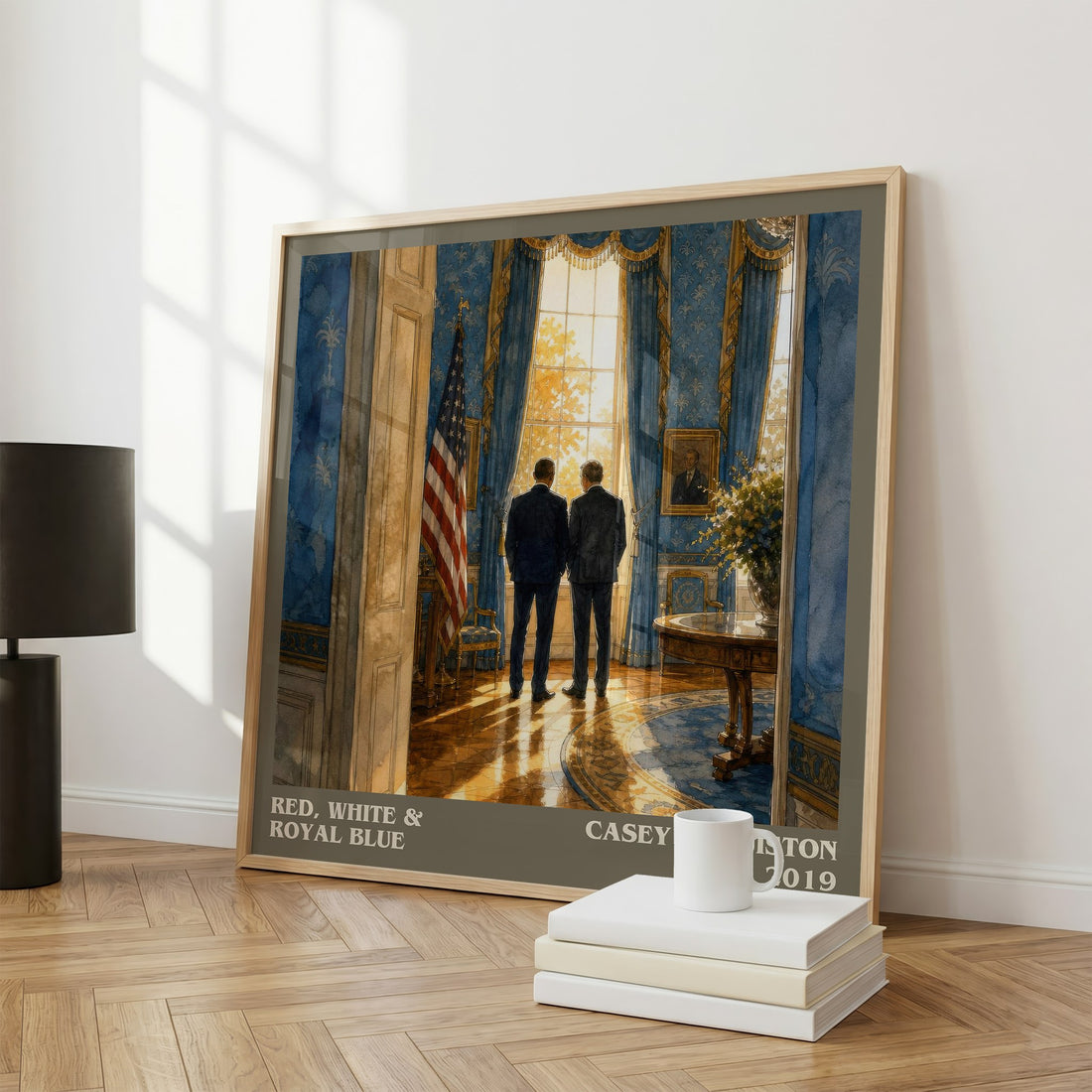 Red, White & Royal Blue literary print framed by window – literary home decor