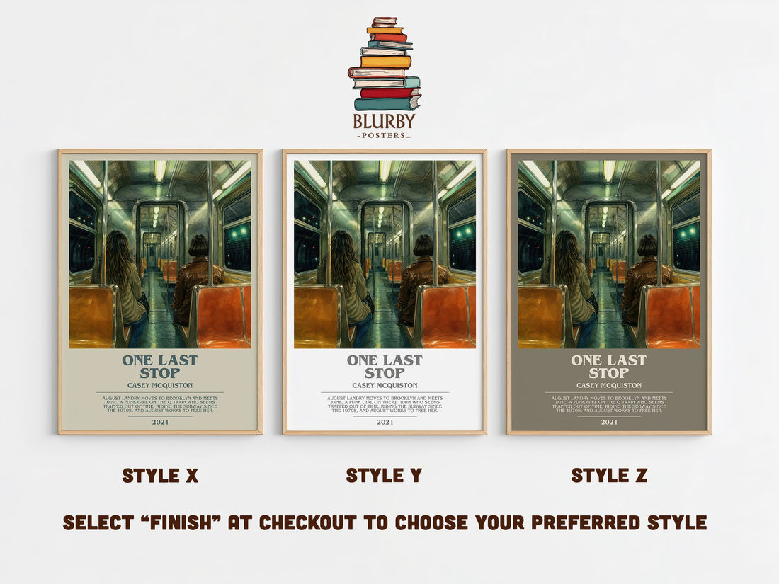 One Last Stop bookish print in frame leaning in hallway – romance wall art (mockup)