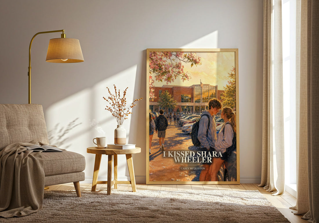I Kissed Shara Wheeler watercolour print in frame leaning in hallway – young adult wall art (mockup)