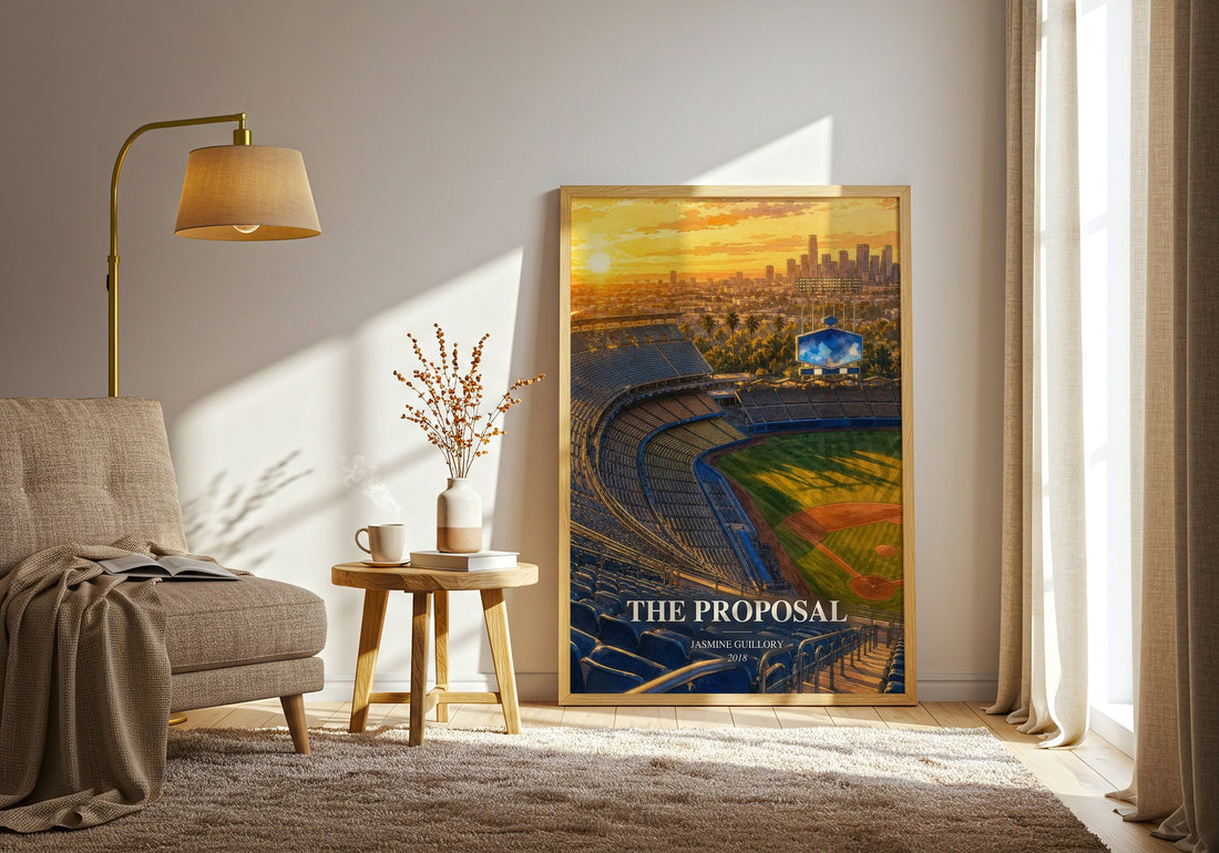 The Proposal watercolour print in frame leaning in hallway – romance wall art (mockup)