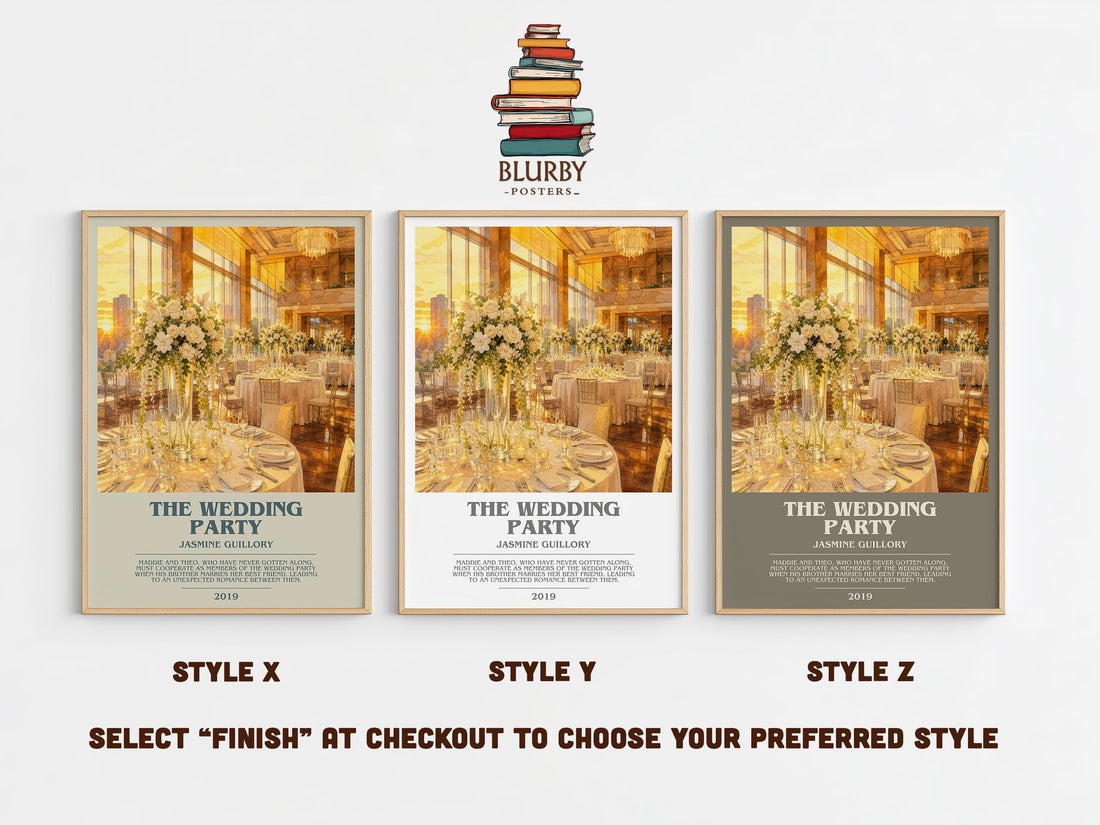 The Wedding Party bookish print in frame leaning in hallway – romance wall art (mockup)