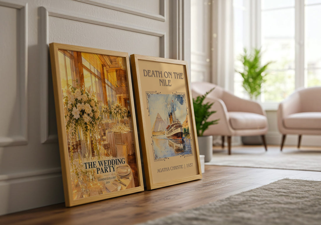 The Wedding Party watercolour print framed by window – literary home decor